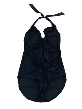 Merona black halter ruffle one-piece swimsuit / bathing suit, tie strap, L.